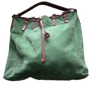 Lucky Brand Green Suede Brown Leather Trim Hobo Bucket Shoulder Bag 19"x14"x4"